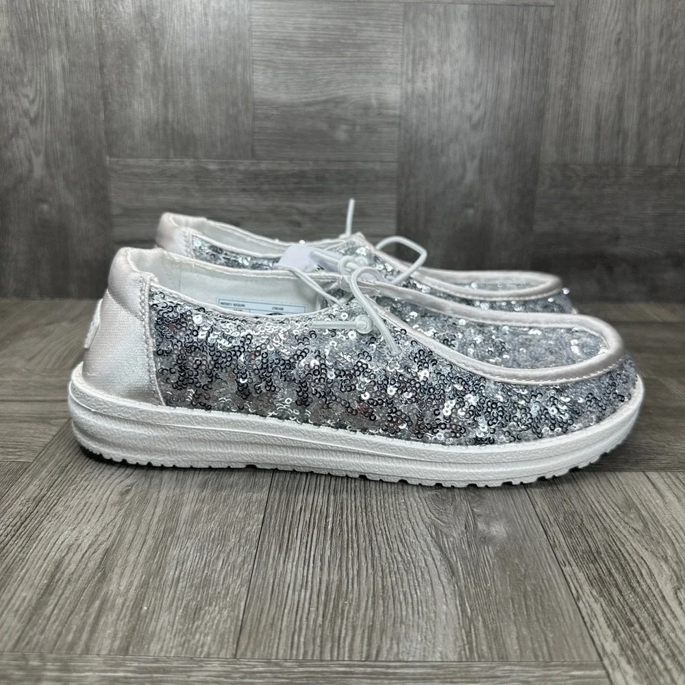 Hey Dude Wendy Sequin Women Size 5 Cream Silver Sparkle Slip On NEW